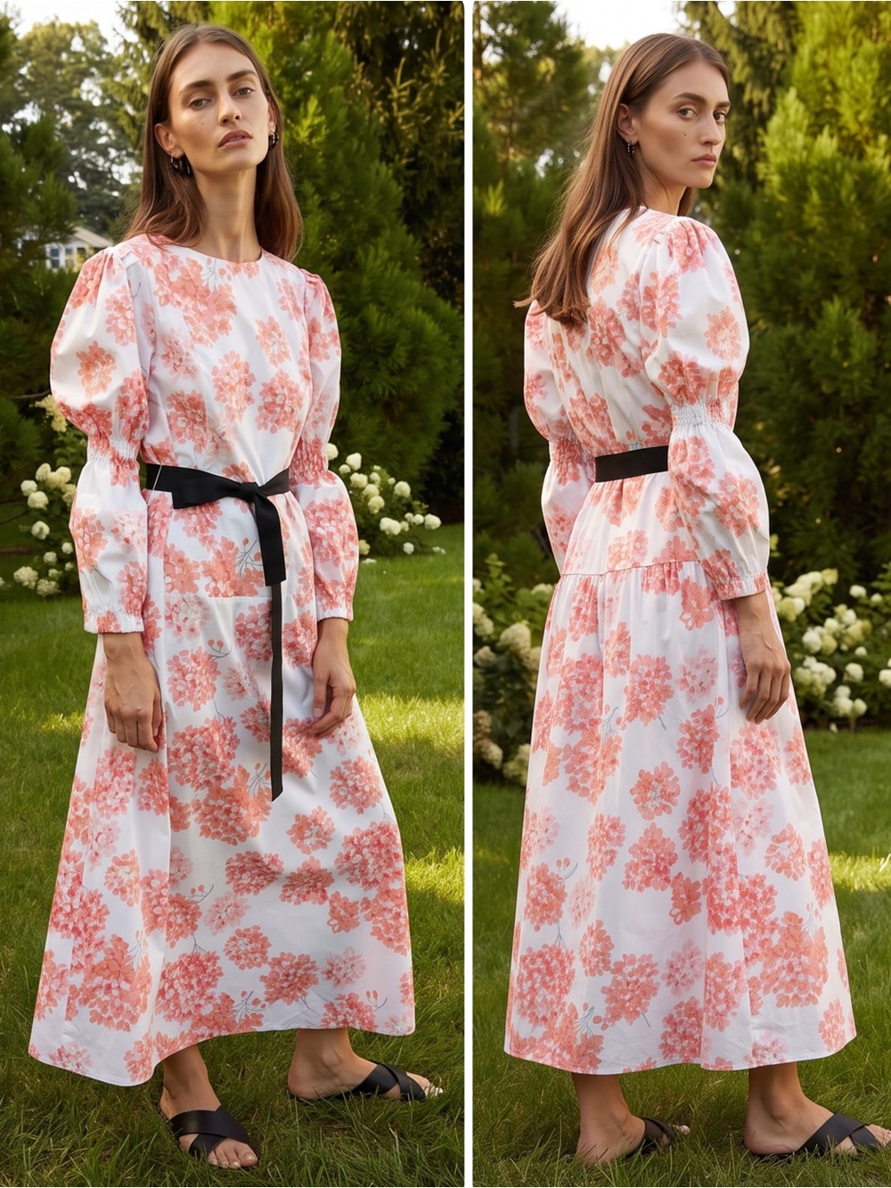 Arias New York Hydrangea Cotton Puff Long Sleeve Tie-Waist Maxi Dress NWT $895